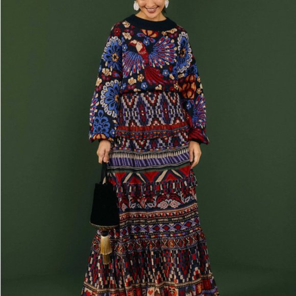 Farm Rio Ainika Tapestry Blue Maxi Skirt Tiered Size M - Picture 5 of 16